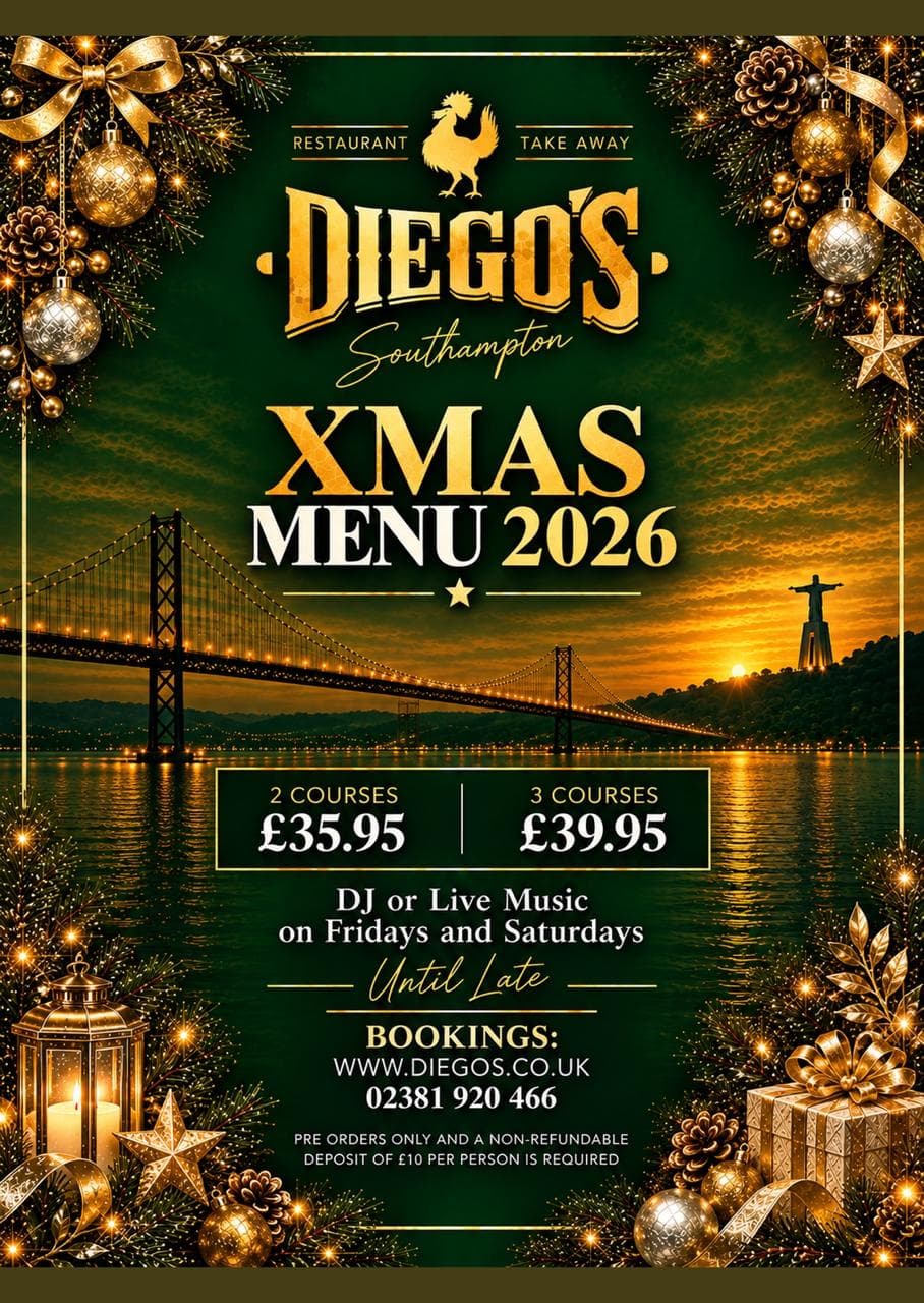 Diego's Christmas 2026 flyer: 2 courses £35.95, 3 courses £39.95, DJ or live music on Fridays and Saturdays
