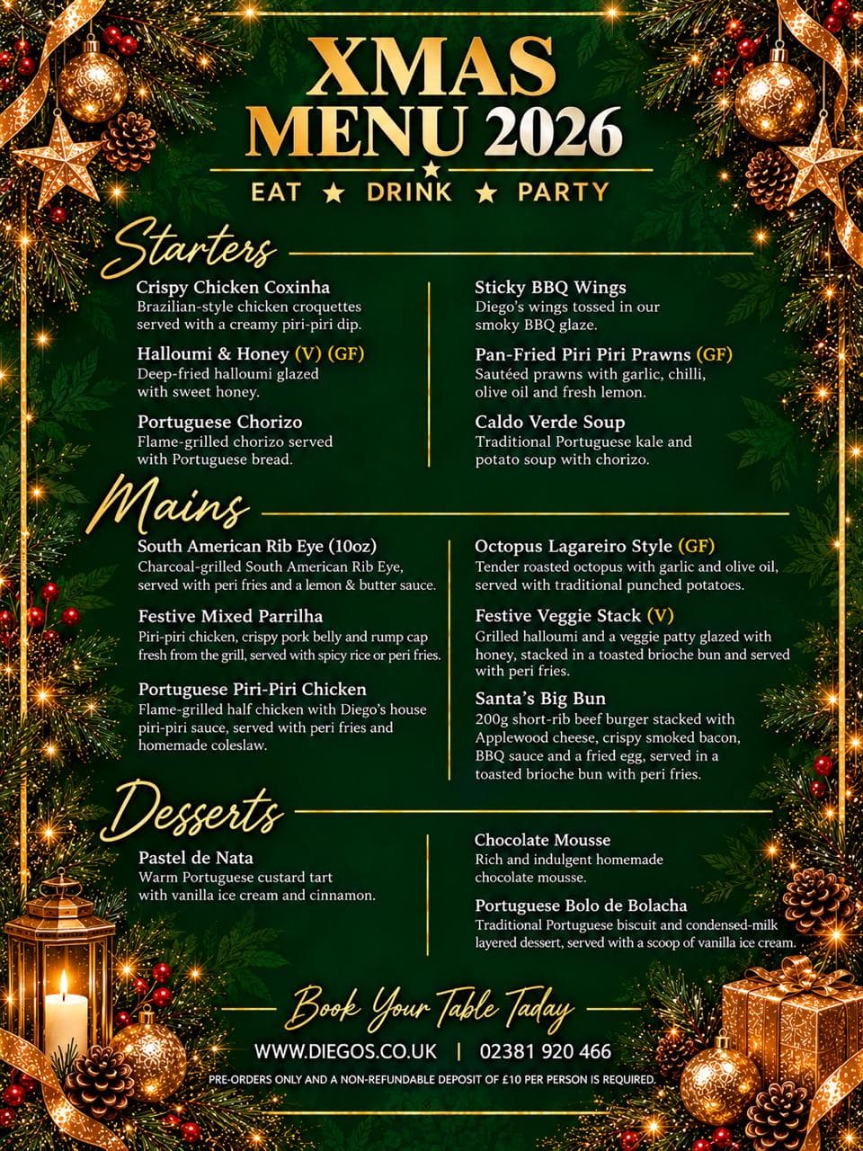 Diego's Christmas menu 2026: starters, mains and desserts