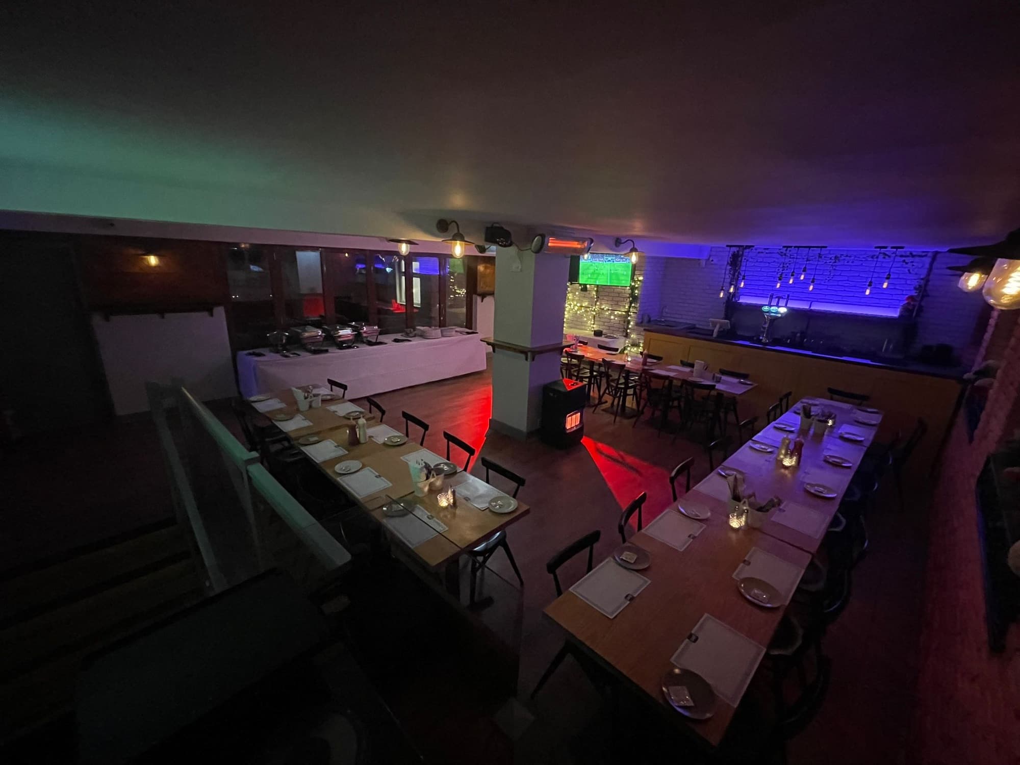 The Fiesta Room at Diego's set for an evening party with festive lighting