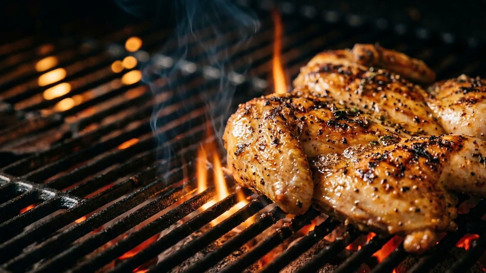 Piri piri chicken grilling over open flames on the charcoal grill at Diego's Rotisserie